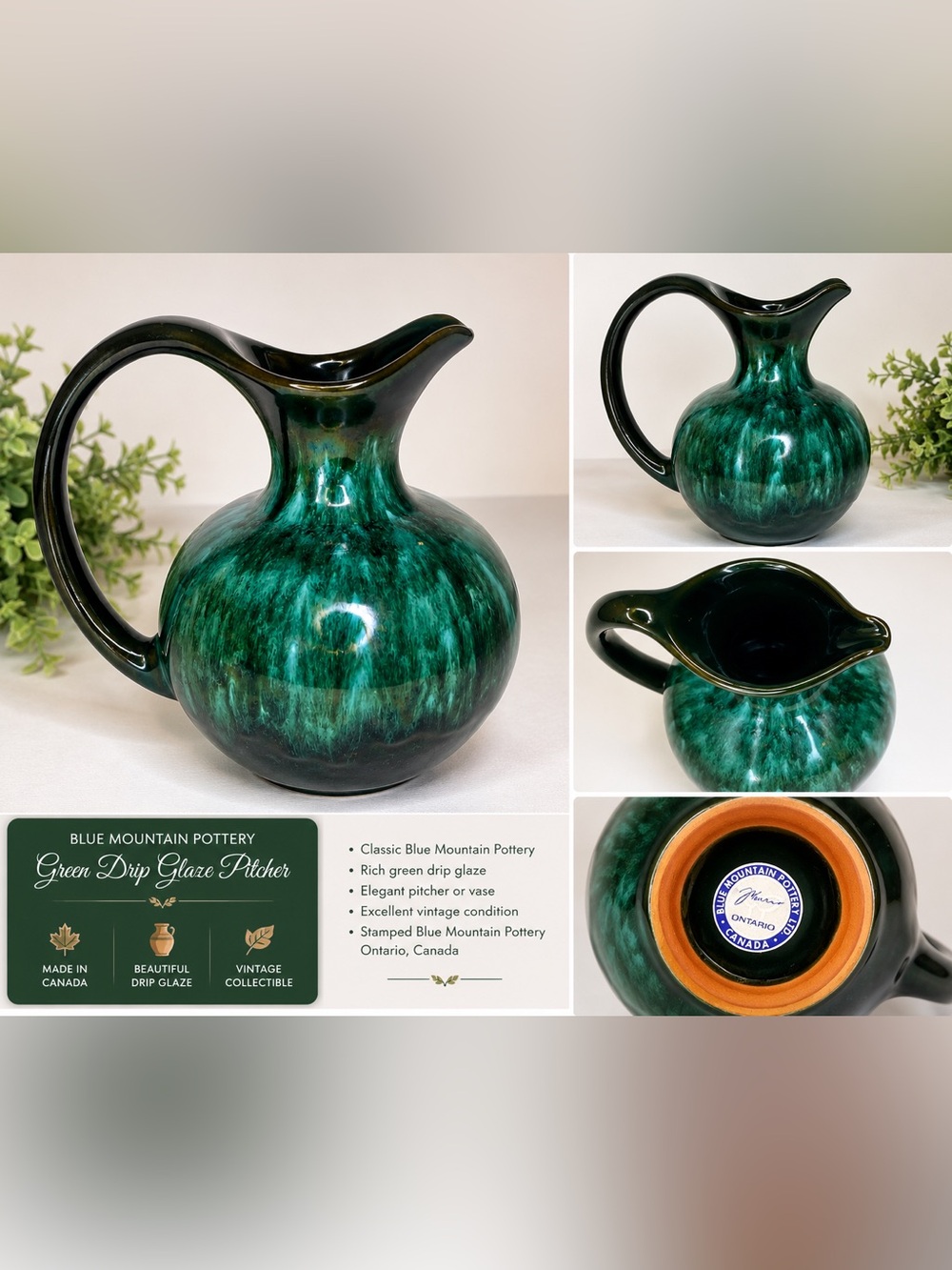Blue Mountain Pottery Green Drip Glaze Pitcher